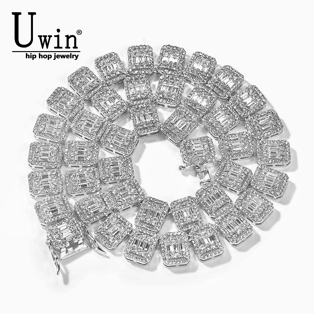 Uwin 13mm Baguette Zinc Alloy Link Chain Iced Out Square Rhinestones Necklace For Women Fashion Luxury Hip Hop Jewelry Gifts