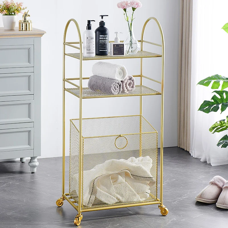 Storage-Shelves-Next-To-The-Light-Luxury-Bathtub-Golden-Laundry-Basket ...