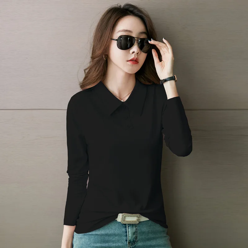 

New Long-sleeved Women's Lapel T-shirt Solid Color Women's Casual Polo Bottoming Shirt Ladies T-shirt Shirt Tops
