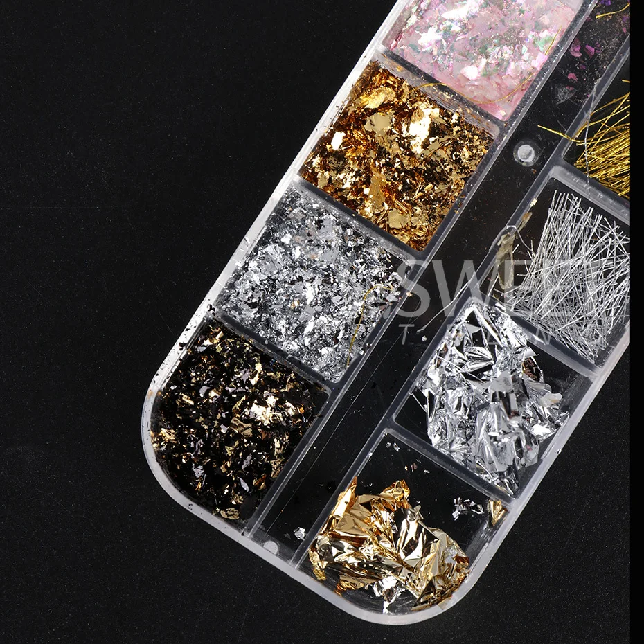 12 Grid Aurora Crystal Opal Powder Nail Glitter Iridescent Dust Charm Aluminum Foil Nail Flakes Slice Sparkly Sequin Manicure