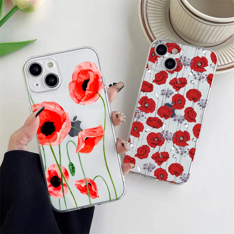 Poppy Flower Bloom Hot Red Clear Case für iPhone 15 11 14 Pro Max 12 13 Pro Max Mini XS X XR SE 2020 7 8 Plus transparente Abdeckung