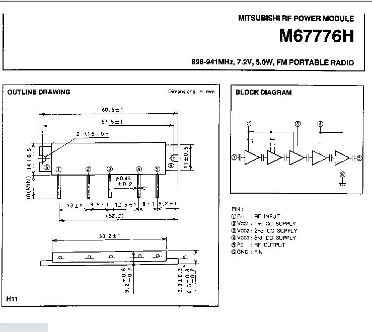M67776H TO-59 Mitsubishi RF модуль питания 896-941 МГц 7 2 в 5 0 Вт FM портативное радио |
