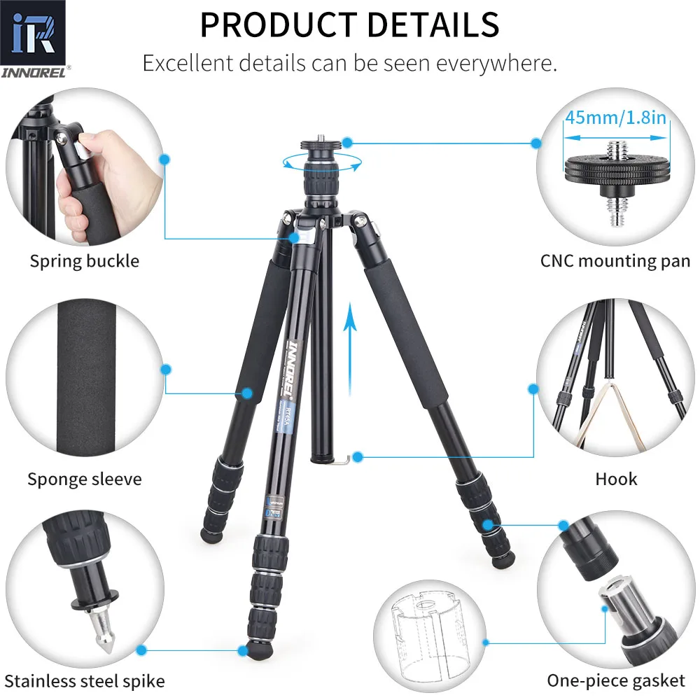 INNOREL RT45A Professional Portable Camera Tripod Aluminum Alloy Travel Photographic Monopod for DSLR Camcorder Stand Load 15kg