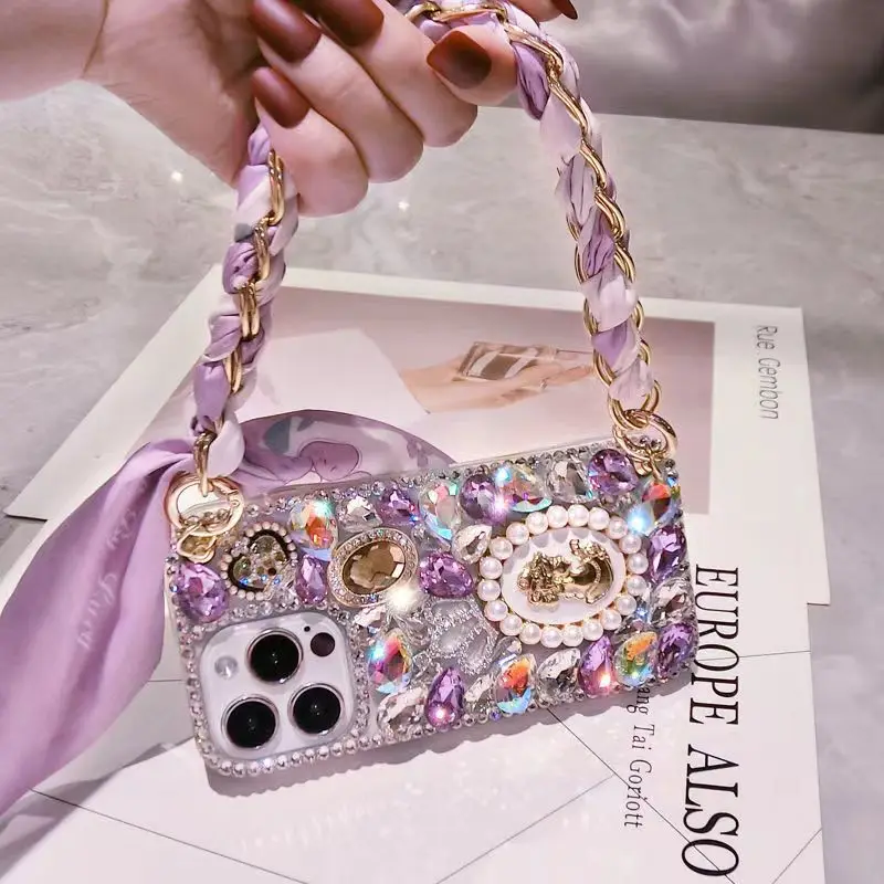 Ribbon Cord Diamond Phone Case with Wrist Lanyard and Stylish Cover Design