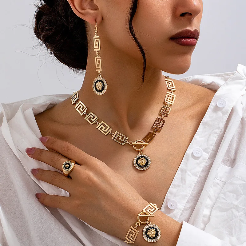 Lion Head Pendant Necklace Earrings Set for Women Simple Fashion Bracelet Ring Jewelry Accessories Hot Sale Party Gift