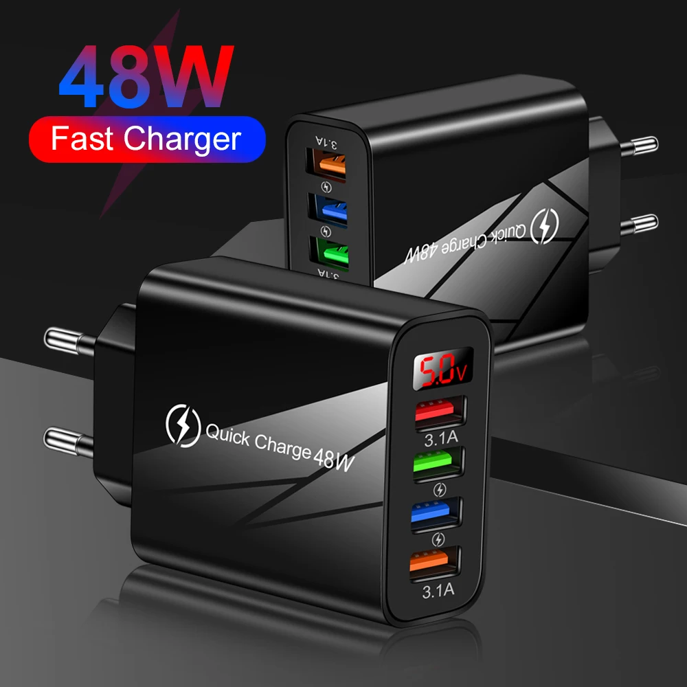 

48W USB Charger 4 Ports Quick Charge Mobile Phone Adapter Digital Display Mobile Charger Fast Charger for IPhone Samsung Xiaomi