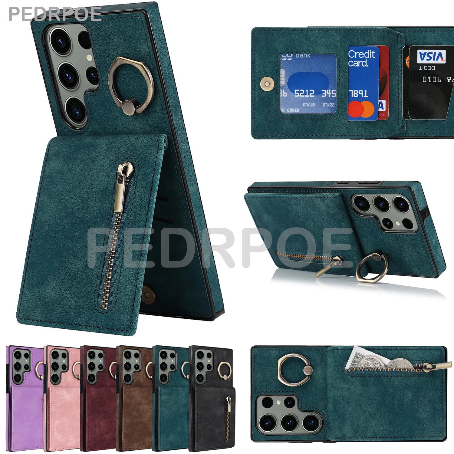 

Кожаный чехол для Samsung Galaxy S23 Ultra S22 Plus S21 FE S20 Note20 Note10, матовый чехол-кошелек с держателем для карт, Стильный чехол с кольцом