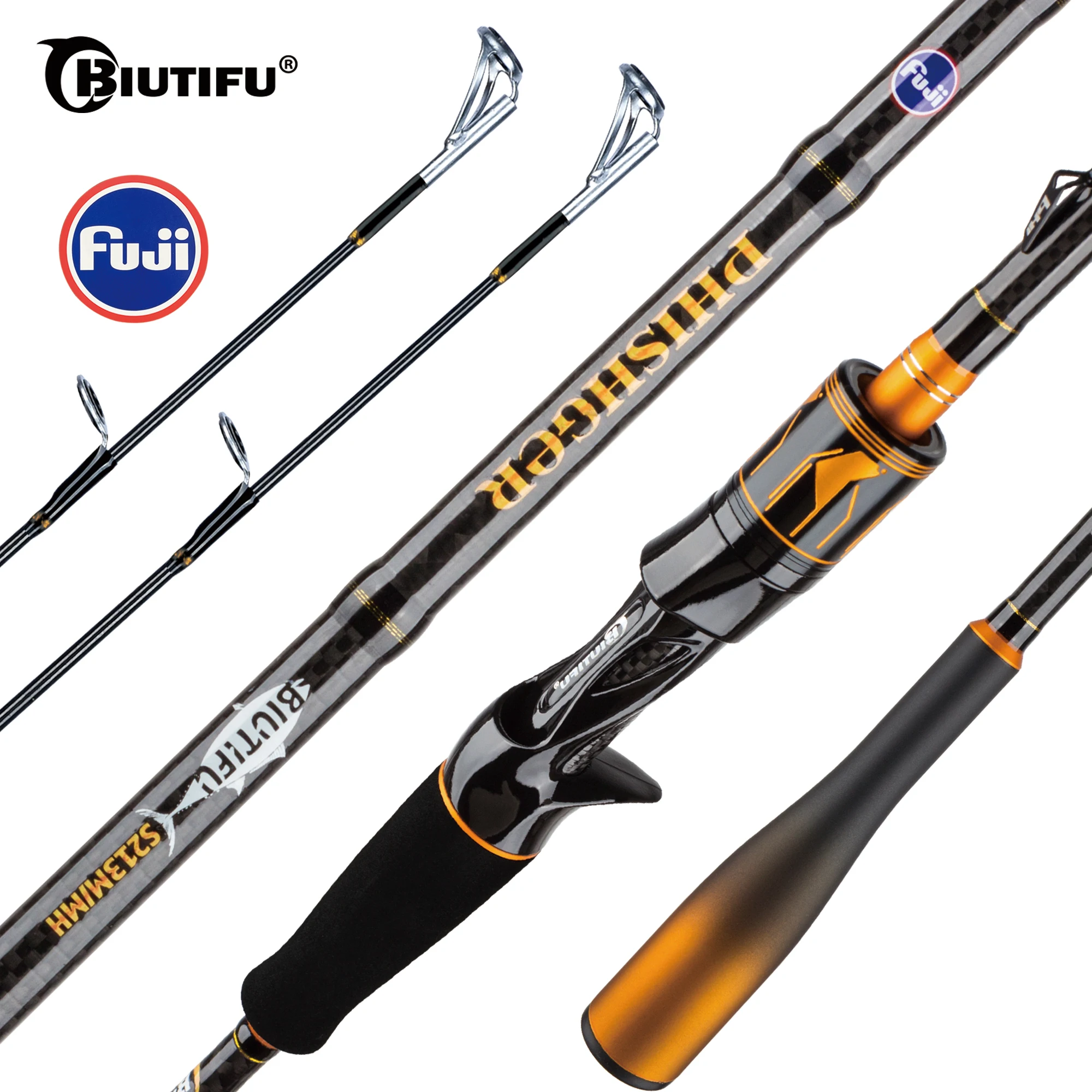 BIUTIFU Spinning Casting Fishing Rod T1000, Carbon FUJI Guide 2Tips 2Sections Fast Baitcasting Lure 7-80g Bass Pike 1.8m 2.1m 2.4m 2.7m