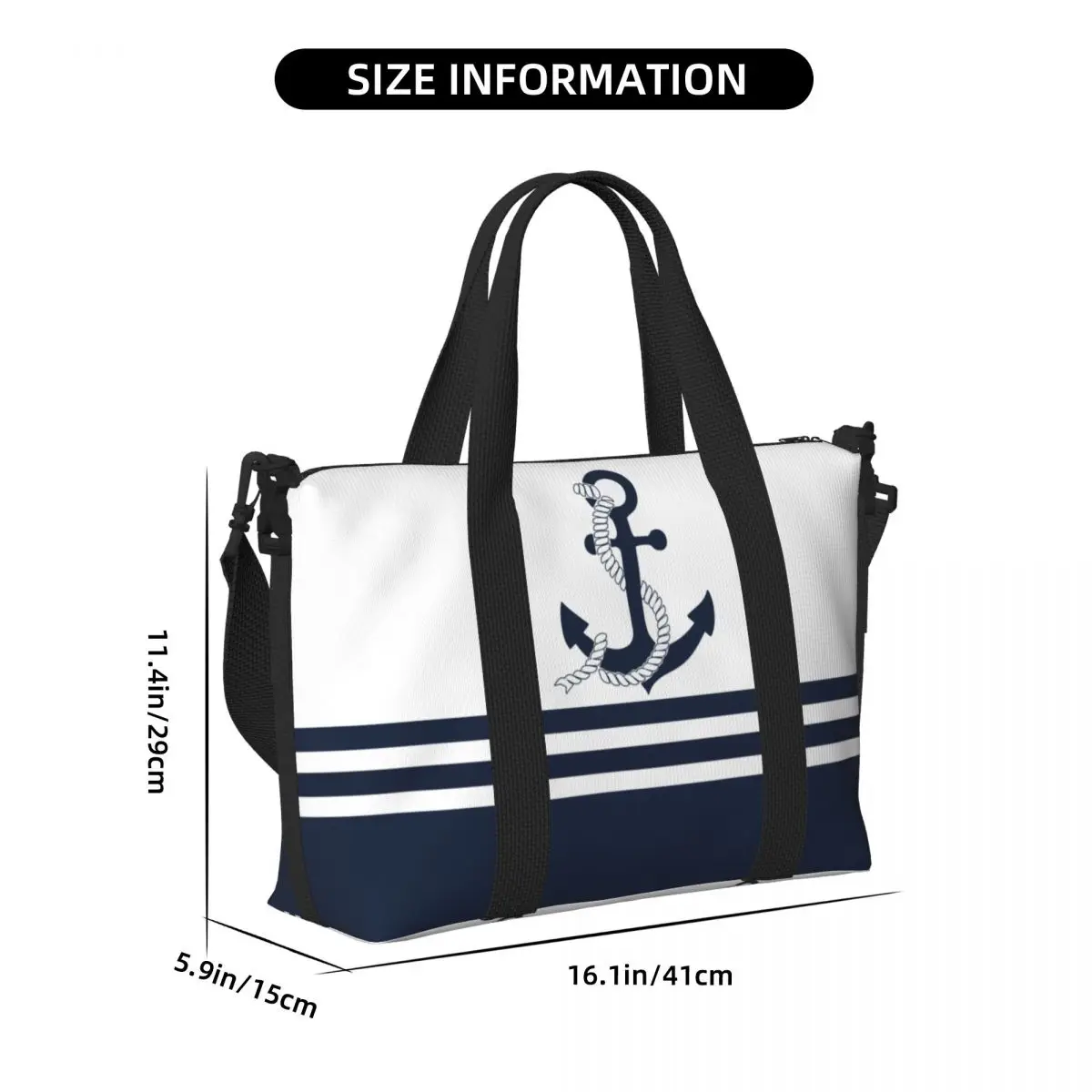 Nautical Blue Anchors With Blue And White Stripes Beach Tote Bag Extra Large Gym Carry On Navy Travel Shopping Bags