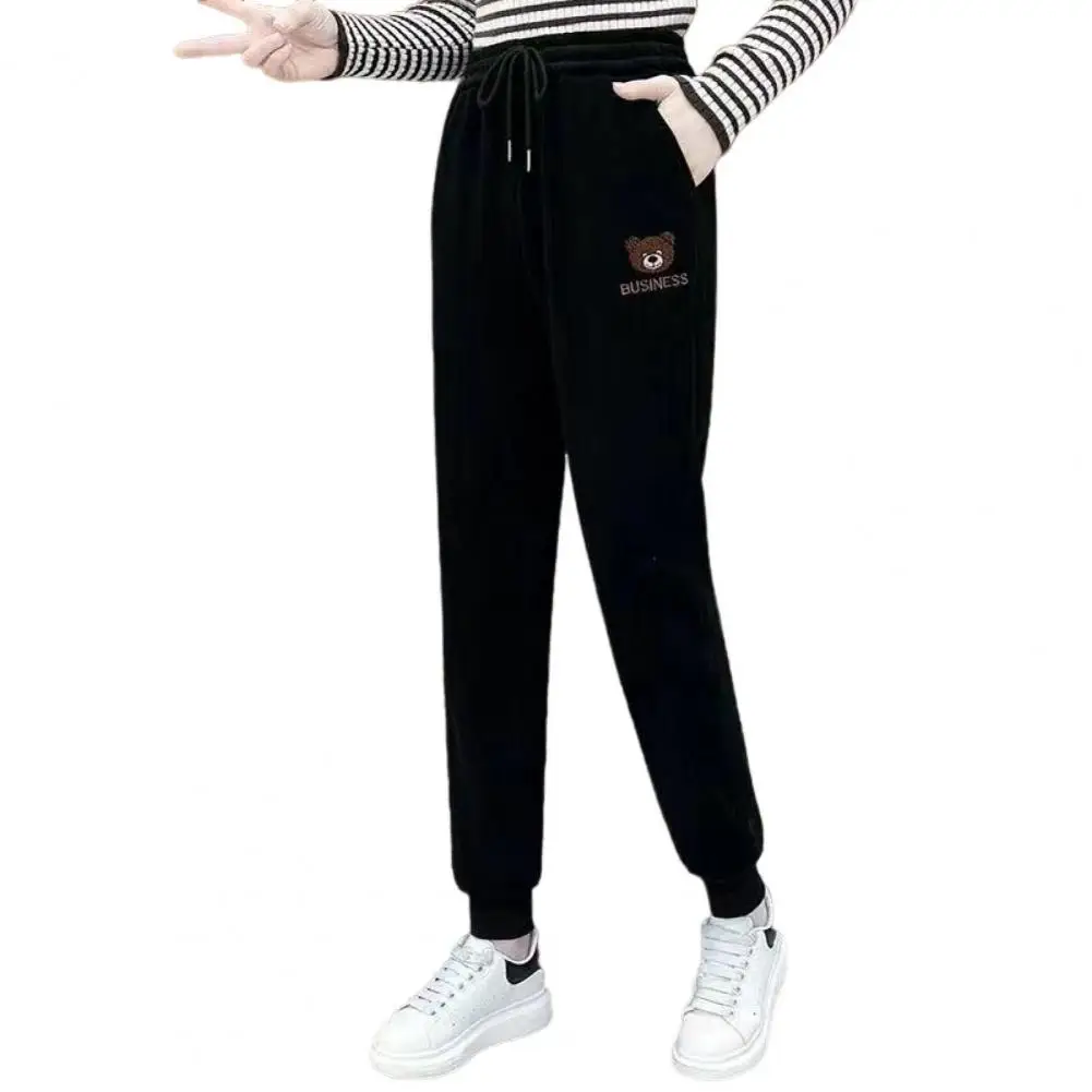

Soft Women Pants Cozy Plush Women's Winter Pants with Cartoon Bear Pattern High Waist Elastic Drawstring Soft Warmth for Fall