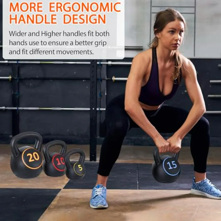 Wide Grip Kettlebell Sets 4 Piece Strength Training KettleBells Weights Set 5lb, 10lb, 15lb, 20lb HDPE Coated Concrete Kettle Be
