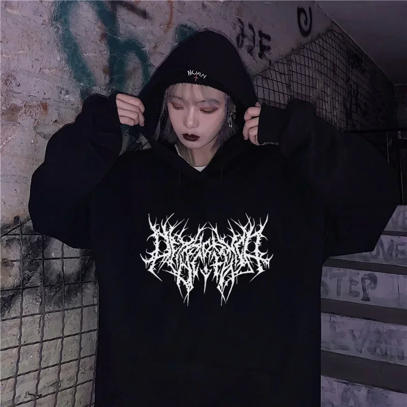 

CottonY2K Print Hoodie Women Vintage Long Sleeve Sweatshirt Hooded Loose Women Gothic Fashion Loose Streetwear Casual Tops