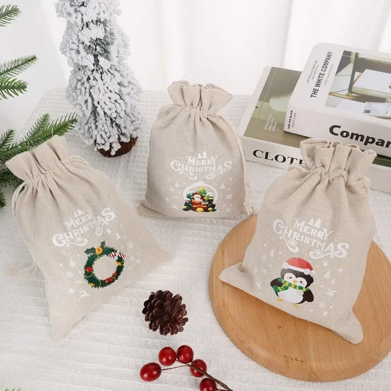Christmas Gift Bags 30/1Pcs Drawstring Linen Candy Gift Bag Xmas Favor Bracelet Jewelry Packaging Santa Claus Pattern