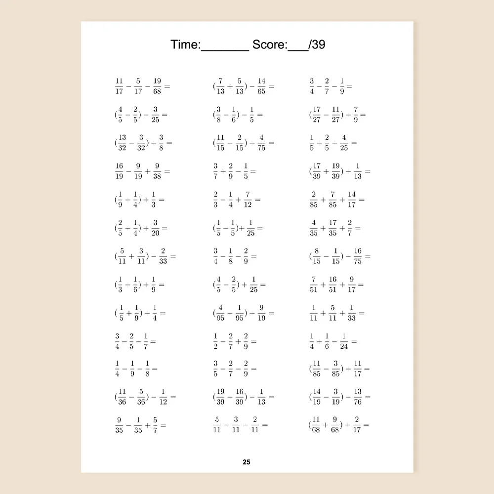 28Pages Adding and Subtracting Fractions with Three Terms- Math Workbook Practice Learning materials for Student Primary School 5