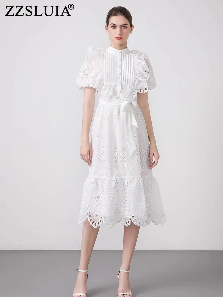 ZZSLUIA элегантные платья для женщин вышивка ажурное дизайнерское приталенное платье миди модные пышные рукава оборки подол летние платья