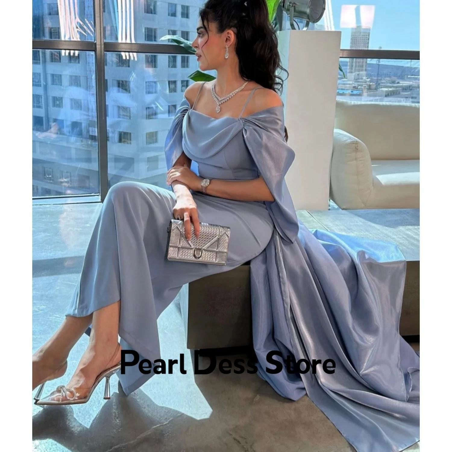 

Boat neck, thin shoulder strap, short sleeved fish tail, long evening dress and ankle fashion, formal and elegant dance dress, n