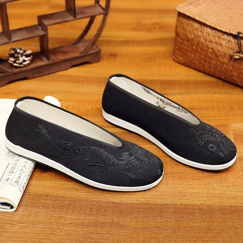 Cloth Shoes Men Old Beijing  Soft Sole Chinese Embroidery Men Shoes Chinese Style Yellow Black Dragon Round Mouth Cloth Shoes 5
