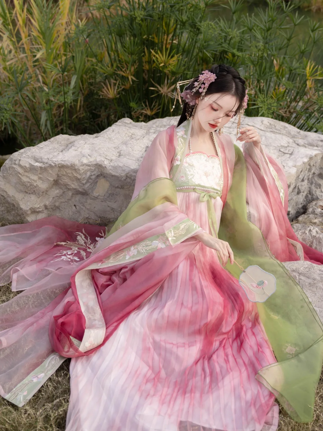 Summer Feast Peach Blossom Original Hanfu Women Tang Dynasty Big Sleeve Embroidery One Piece Chest Pink Skirt Chinese Dress