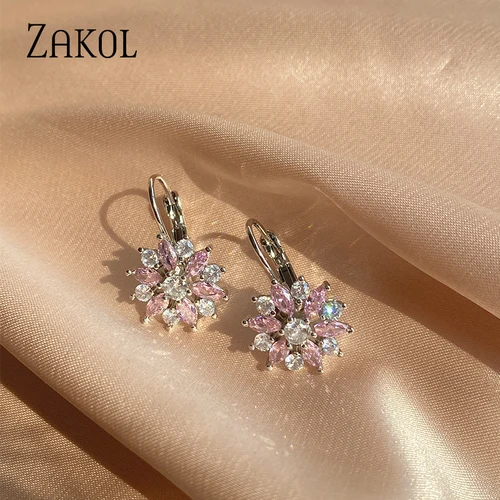 ZAKOL 패션 로즈 골드 컬러 후프 귀걸이, 플라워 클러스터 클리어 CZ 크리스탈 지르코니아 귀걸이, 여성용 쥬얼리 Brincos EP609 3