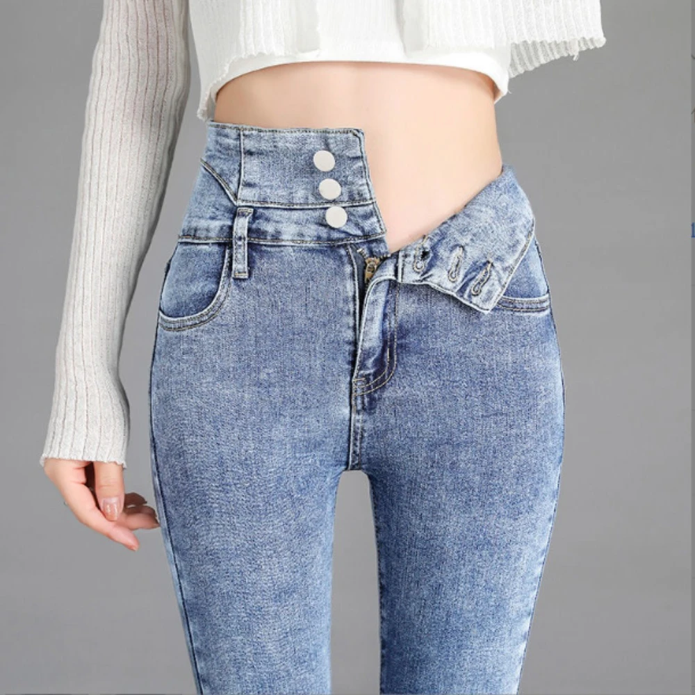 Hot Selling New Fashion Three Buttons Pants Pantalon Jeans Slim Lift Elastic Female Black Tight Trousers For Women Jeans