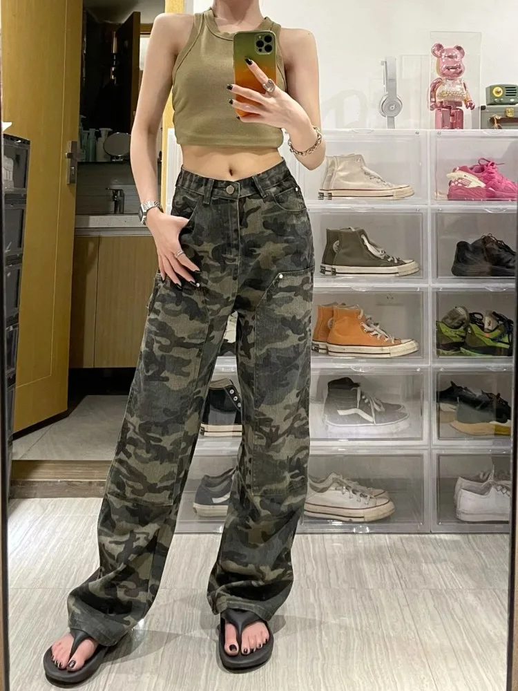 American Vintage Camouflage Cargo Pants Women New Streetwear Loose Straight Wide Leg Trousers Woman