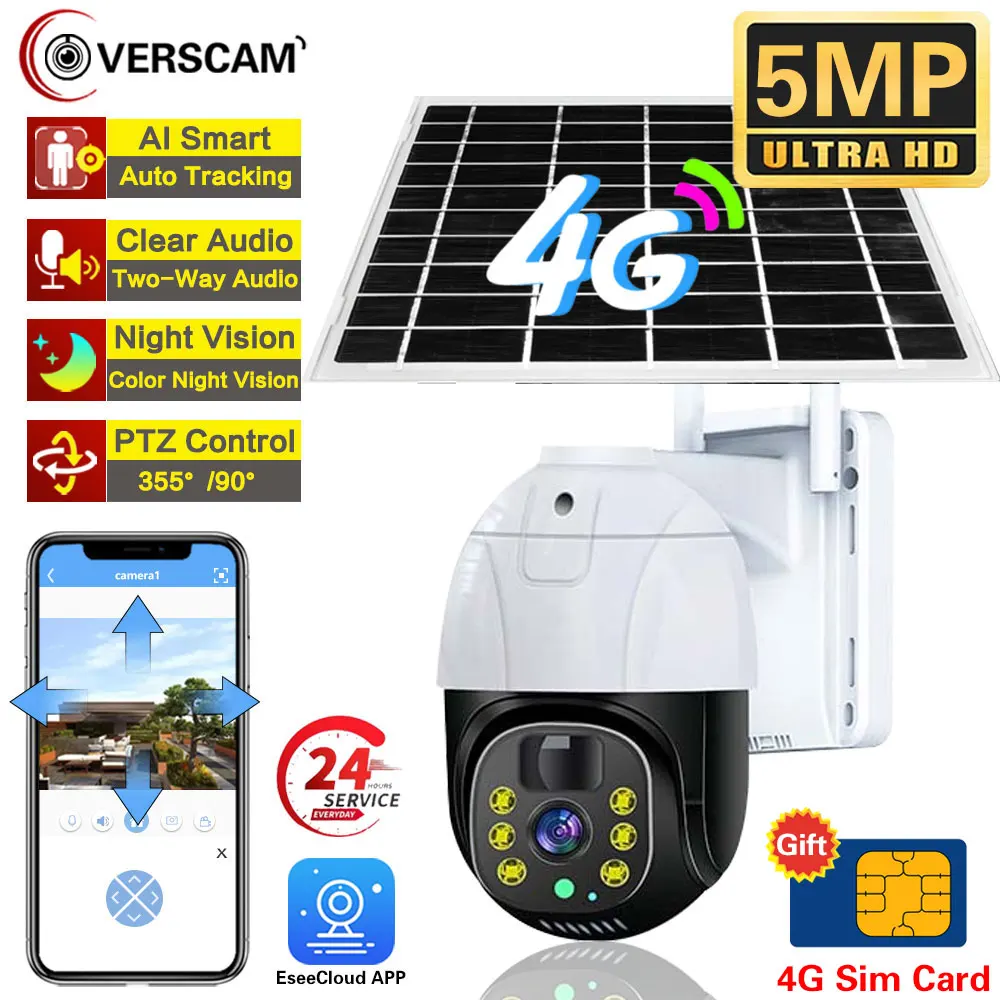 

Solar 5MP 4G Camera Waterproof Outdoor Wireless Surveillance Solar Panel PIR Human Detection AI Motion detection Free Sim Card