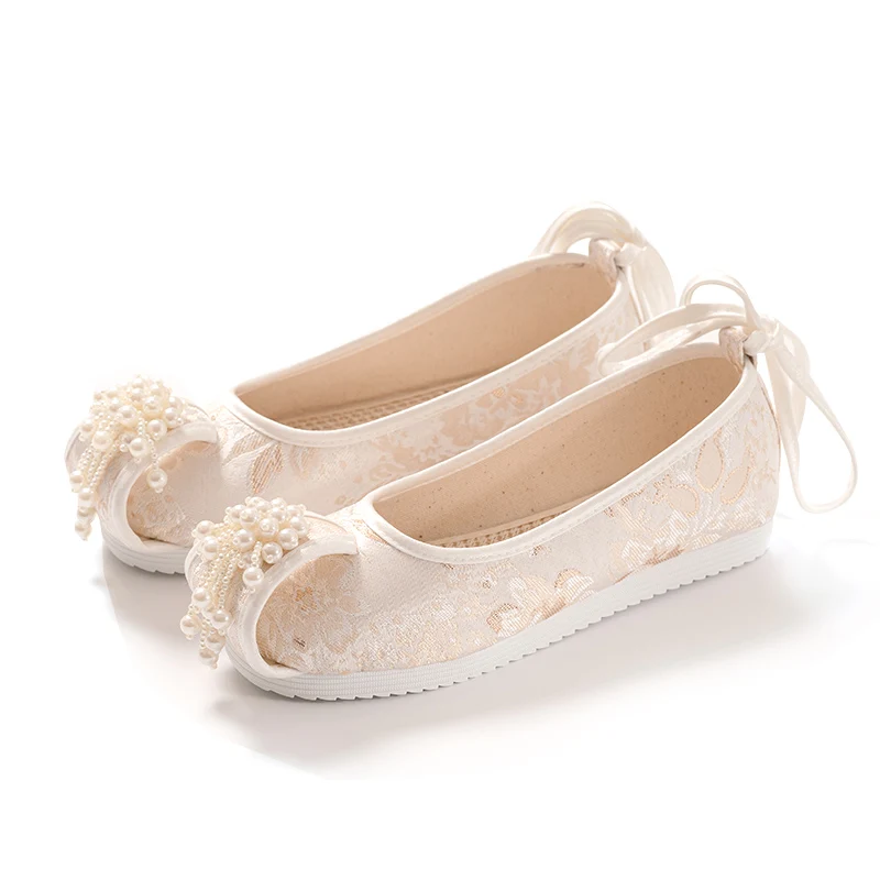 

Shoes for Han Chinese Clothing Women's Ancient Embroidered Shoes Pearl Flat Embroidered Cloth Shoes