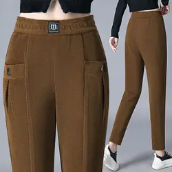Autumn Winter New Corduroy Casual Haren Pants Women Solid Elastic High Waist Pockets Patchwork Loose Versatile Straight Trousers
