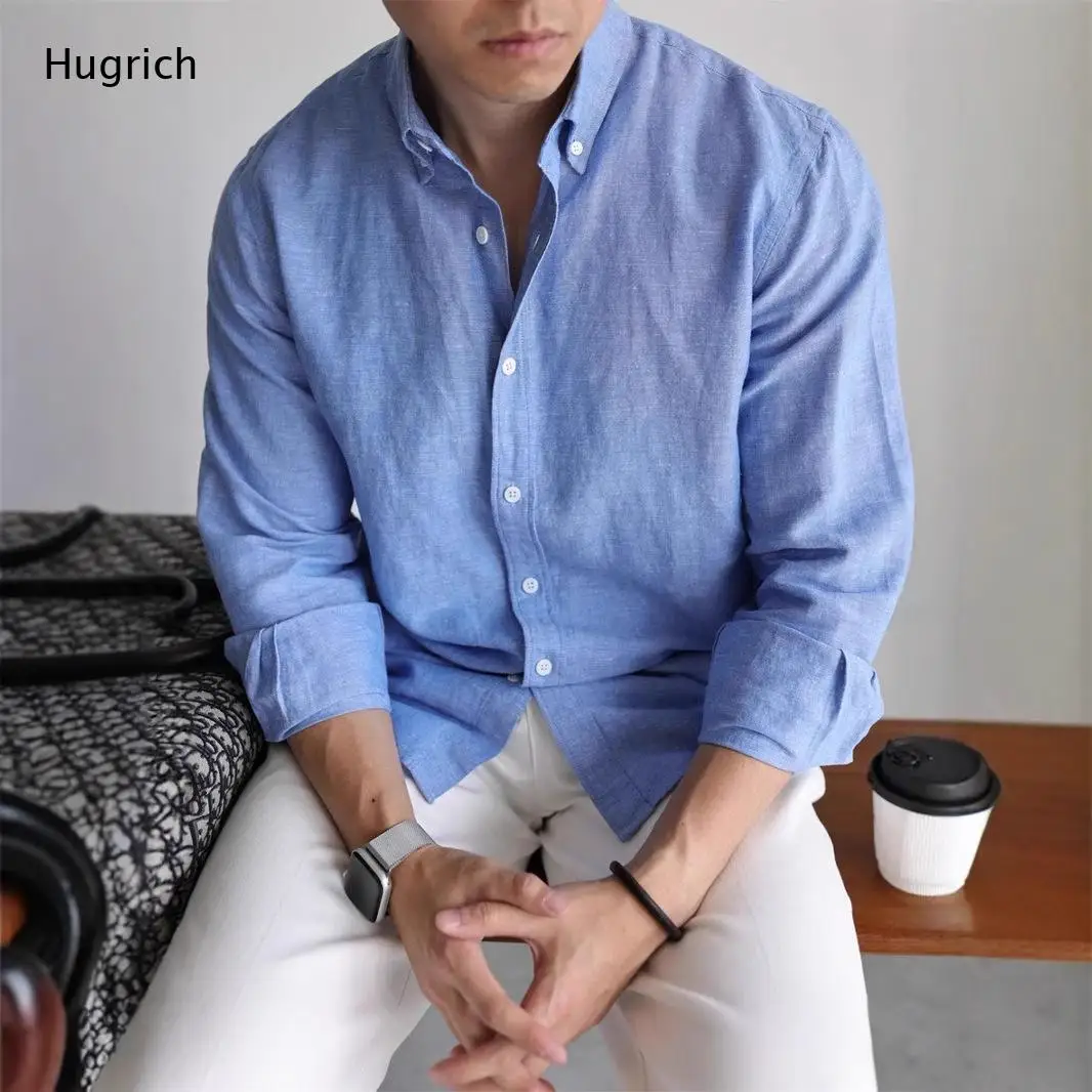루즈핏 솔리드 라이트 블루 여름 비치 비즈니스 데일리 린넨 버튼업 남성용 탑