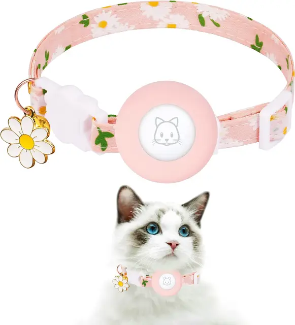 Airtag Cat Collar, Kitten Collar Breakaway with Silicone Airtag Holder, Bells & Flower Charm for Girl Cats Boy Cats Small Dogs Airtag Cat Collar, Kitten Collar Breakaway with Silicone Airtag Holder, Bells & Flower Charm for Girl Cats Boy Cats Small Dogs