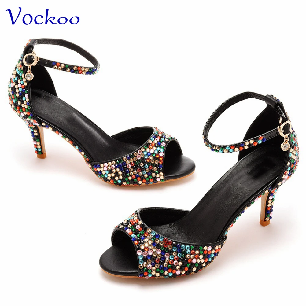 2024 New Fashion Sexy Style in Rainbow Color High Quality Mature Italian Women Shoes with Shinning Crystal for Party