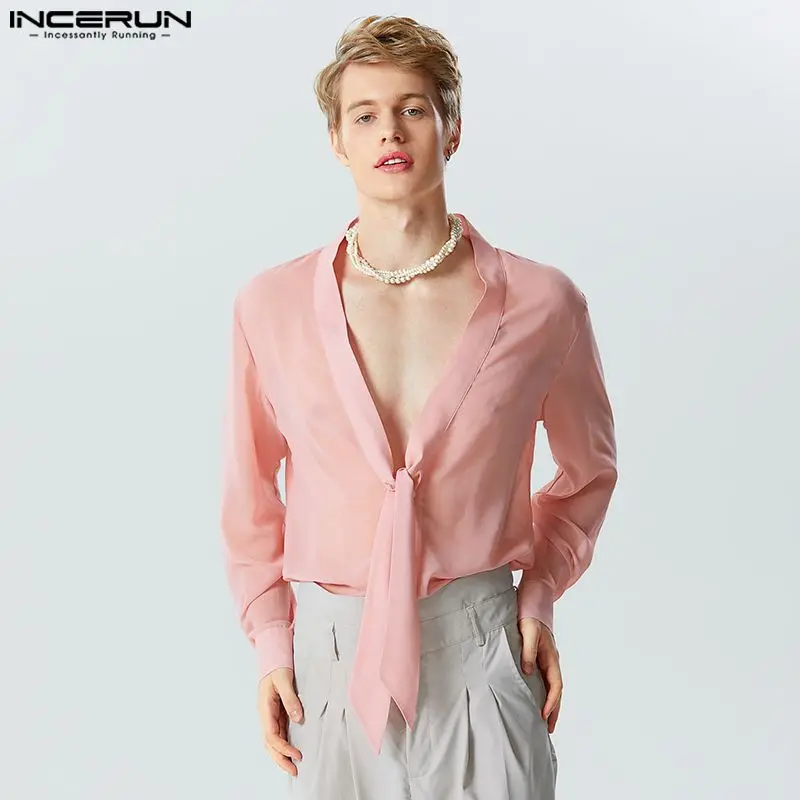 

American Style Men Knot Neck See-through Mesh Shirts Casual Party Hot Sale Solid Sexy Long Sleeve Blouse S-5XL INCERUN Tops 2023