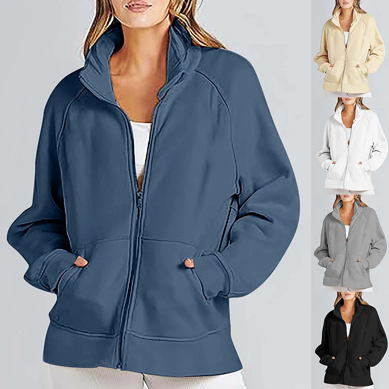 

Autumn and Winter Women's 2024 Pocket Insert Long Zipper Sports Sweater Women's Loose Fitting Casual Coat Standing Collar Lady