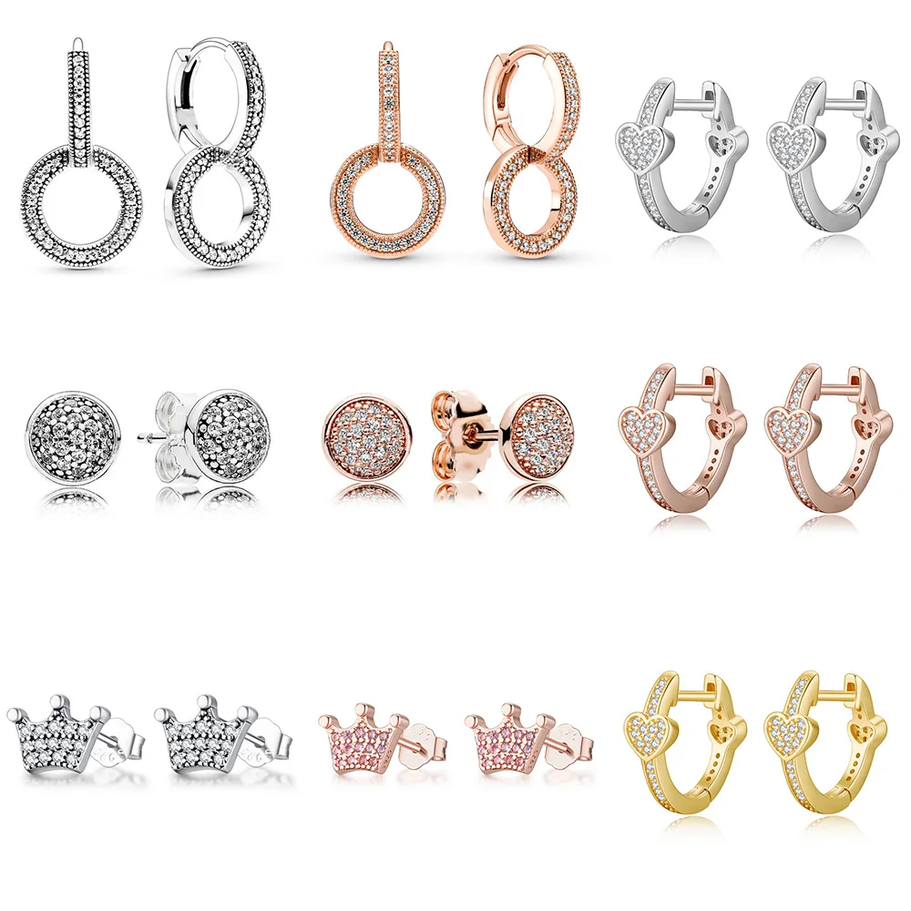 

1 Pair 925 Sterling Silver Earrings Rose Gold Crown Circular Shape Diy Zircon For Women Wedding Party Jewelry Gift