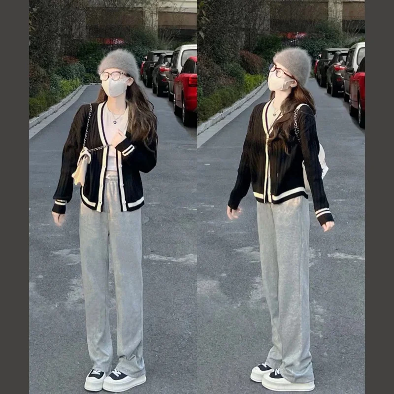 봄 착용 전체 세트 프레피 느슨한 서양식 v 넥 스웨터 여성 조끼 셔츠 청바지 세 조각 세트