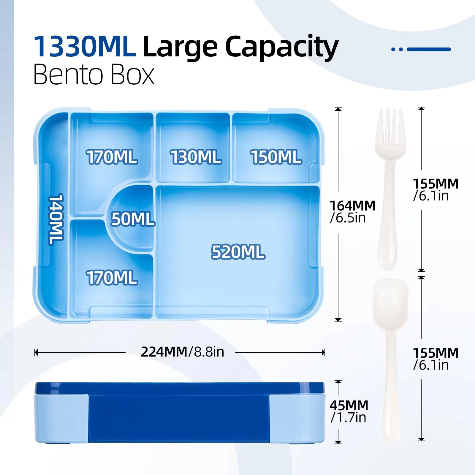Bento Lunch Box 1330ML Leakproof Bento Box for Kids Adults Food Container with 7 Compartments and Cutlery Set Snack Box for Kids