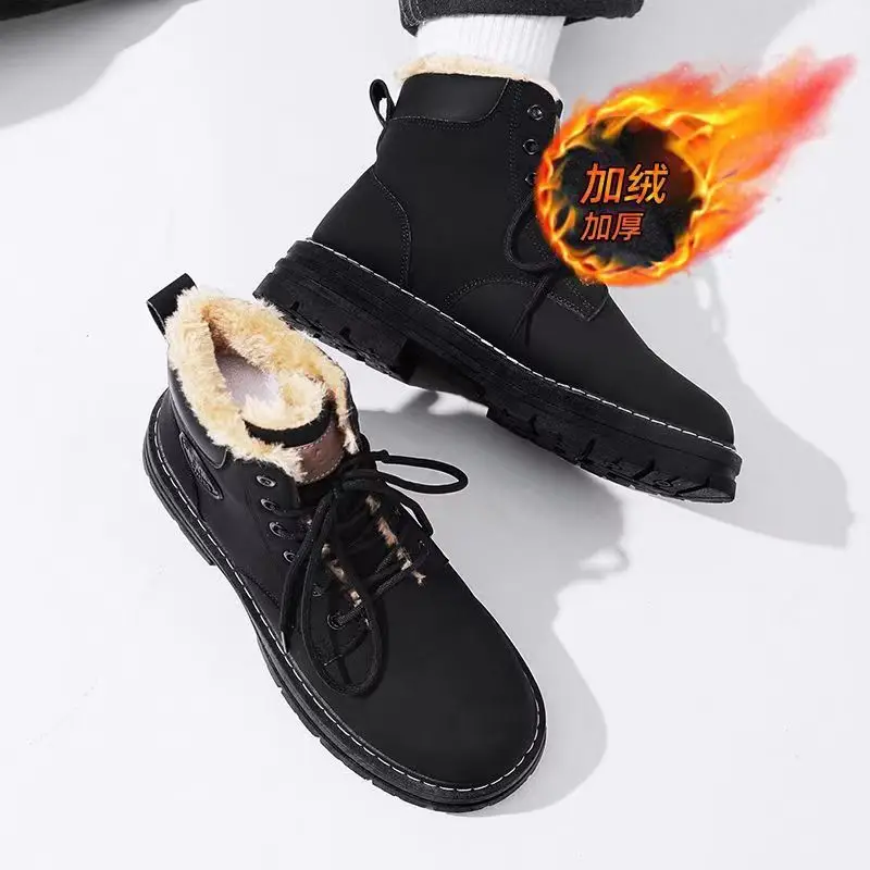 Black  Winter Boots Men Cool Casual Fur Boots for Youth Boys Plush Print Platform Sneakers Men Autumn Shoes 2023New