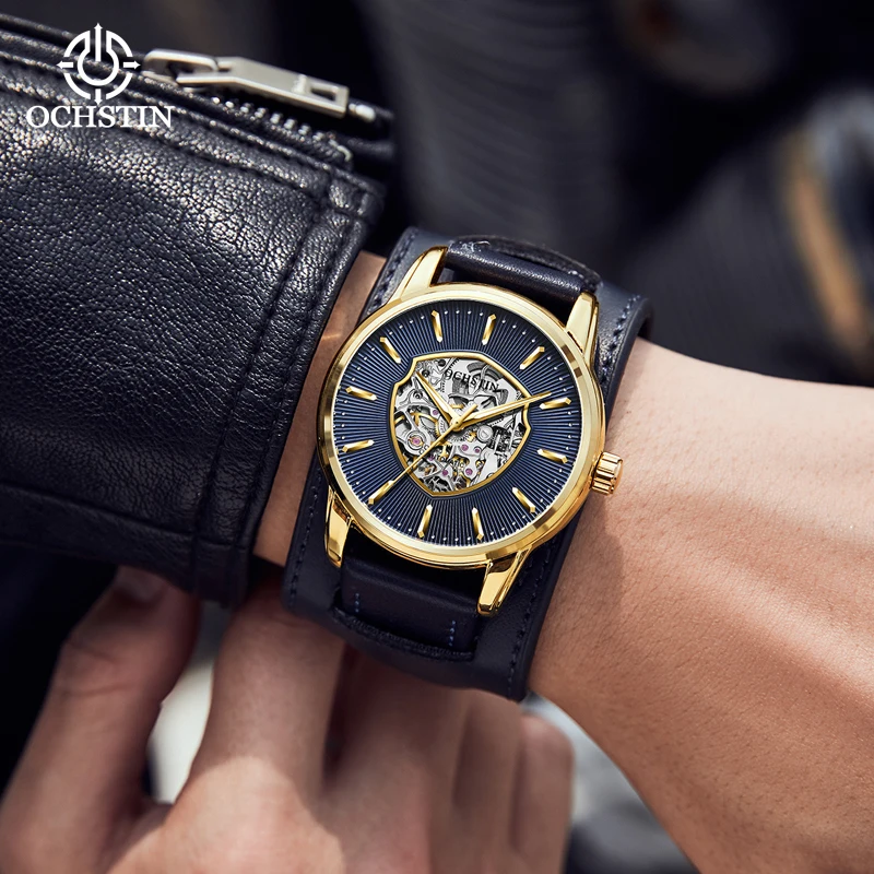 OCHSTIN Automatic Mechanical Men's Watch Waterproof Gold Transparent Hollow Hollow Men's Clock Automatic Self-Wind Wrist strap