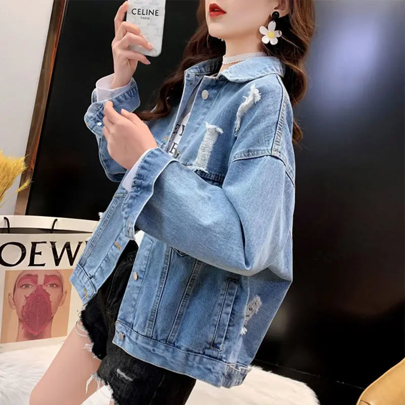 Women 2023 New Vintage Denim Jacket High-Quality Print Cropped Jean Coat Oversized Casual Long Sleeve Turn-Down Collar Outwear