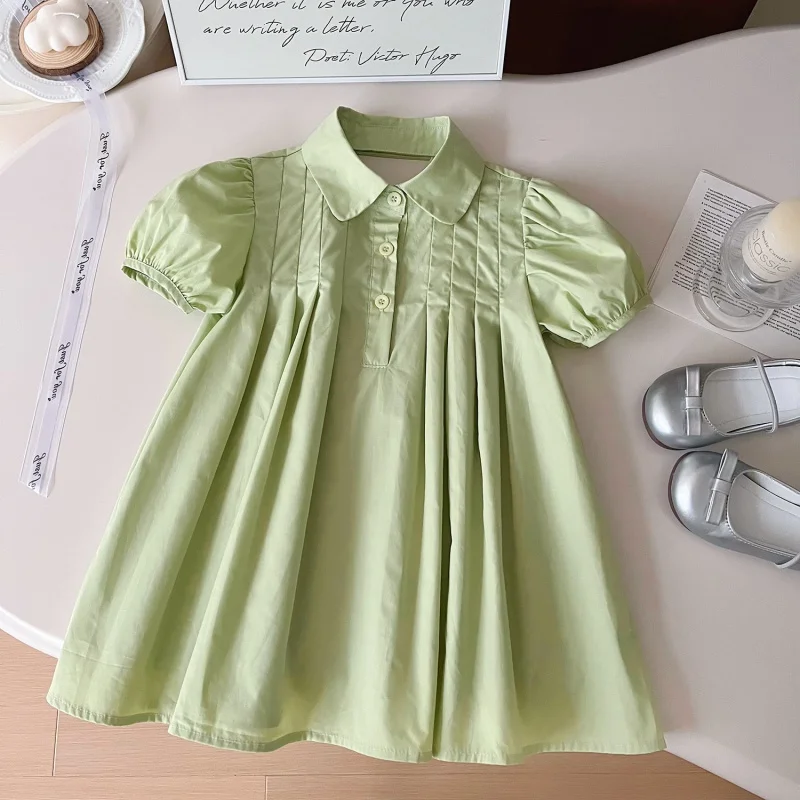 2024Summer New Girls' Lapel Short Sleeve Dress Baby Summer Cute Solid Color Dress24136