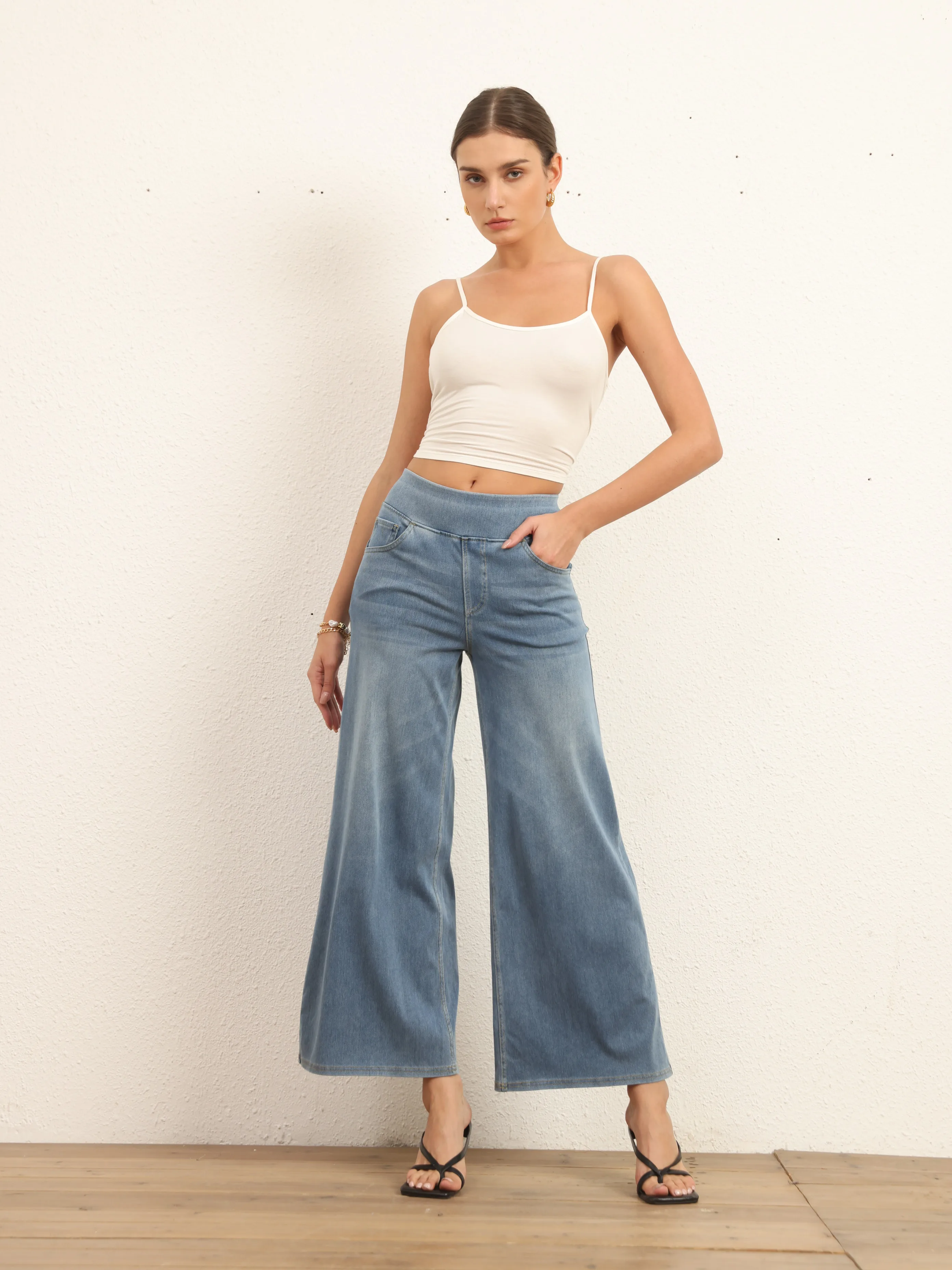 Shascullfites High-Stretch-Jeans für große Frauen mit weitem Bein, hellblau, sexy Passform, lässige, dünne Denim-Hose – Detail 3