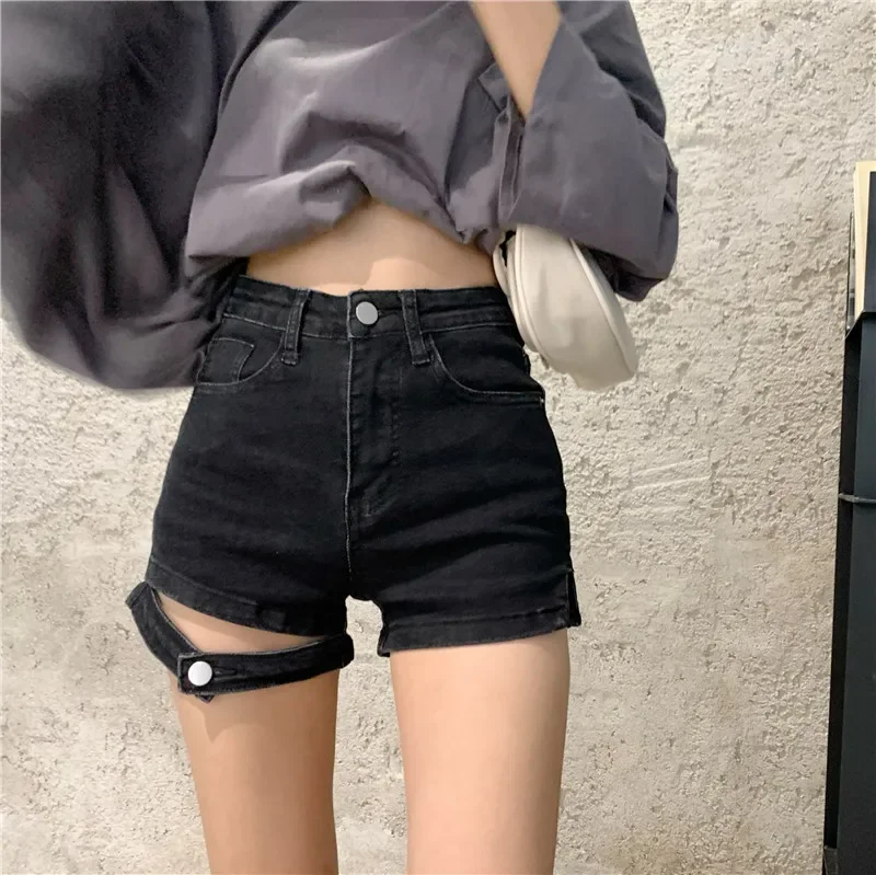 2023 Summer Women's Sexy High Waist Blue Denim Shorts Solid Short Jeans Indie Casual Streetwear Elastic Black Shorts High Street