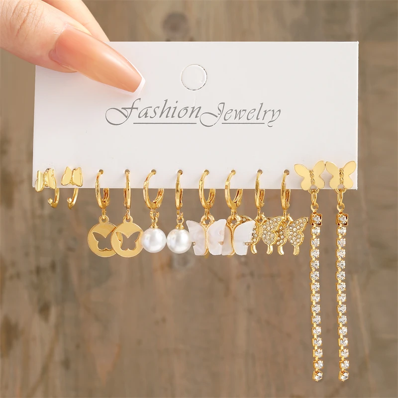 17KM Heart Pearl Dangle Earrings Set Metal Gold Color Butterfly Locks Earrings For Women Shell Trendy Jewelry Hoop dangle earrings pearl earrings