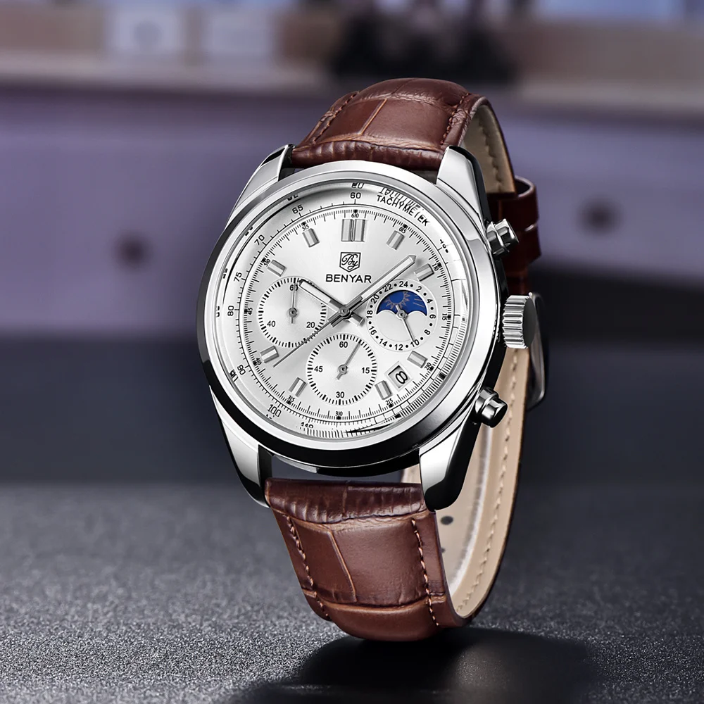 BENYAR Watch For Men 30ATM Waterproof Stainless Steel Quartz Wristwatches Luxury Leather Military Chronograph Watch Reloj Hombre