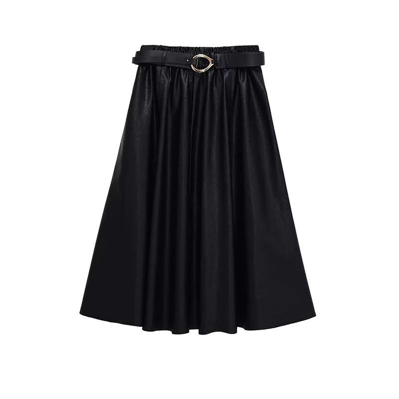 Chic Faux Leather Pleated Long Skirts For Women Fashion 2025 New With Belt Vintage Midi Skirt Street Casual Holiday Skirts ﻿