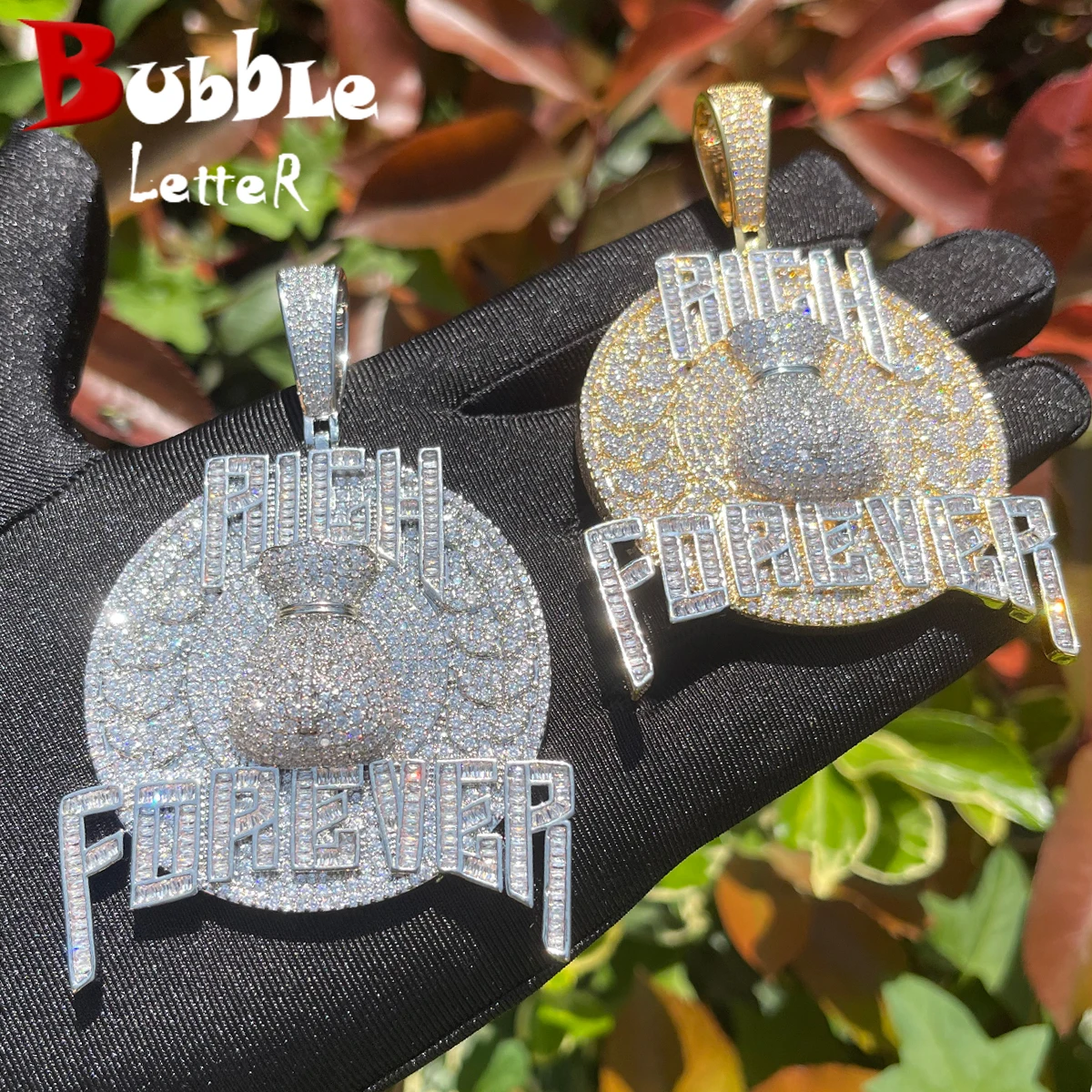 Custom Brush Cursive Iced Out Letter Pendant Name Necklace Baguettes Chain Micro Paved CZ