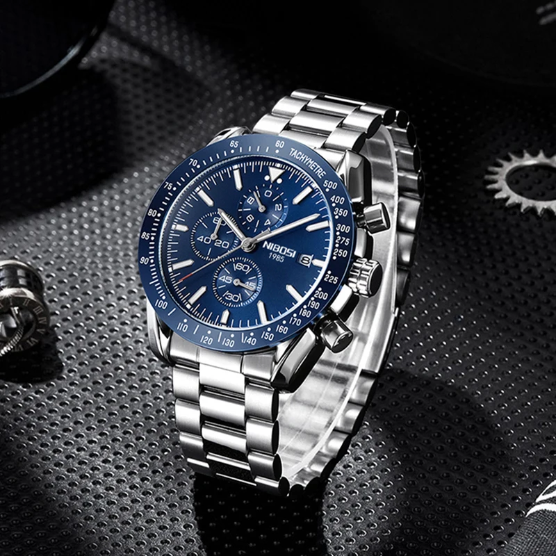 NIBOSI Fashion Blue Quartz Watch for Men Stainless Steel Waterproof Luminous Sports Chronograph Watches Mens Relogios Masculino