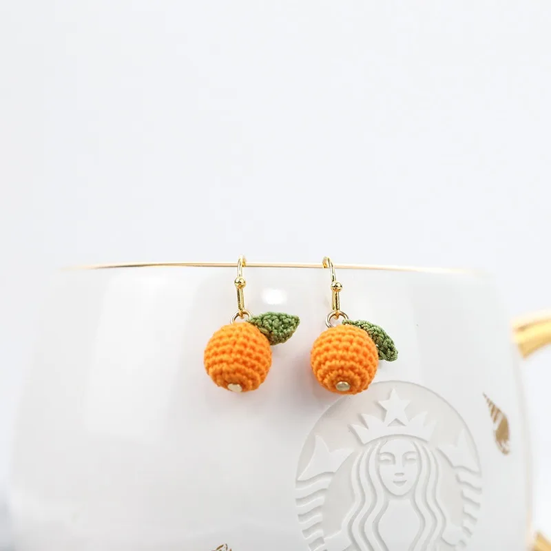 

1 Pair S925 Silver Earrings Micro Hook Small Orange Pure Handmade Lace Wool Knitted Fashionable Earhooks Cute and Fresh Jewelry