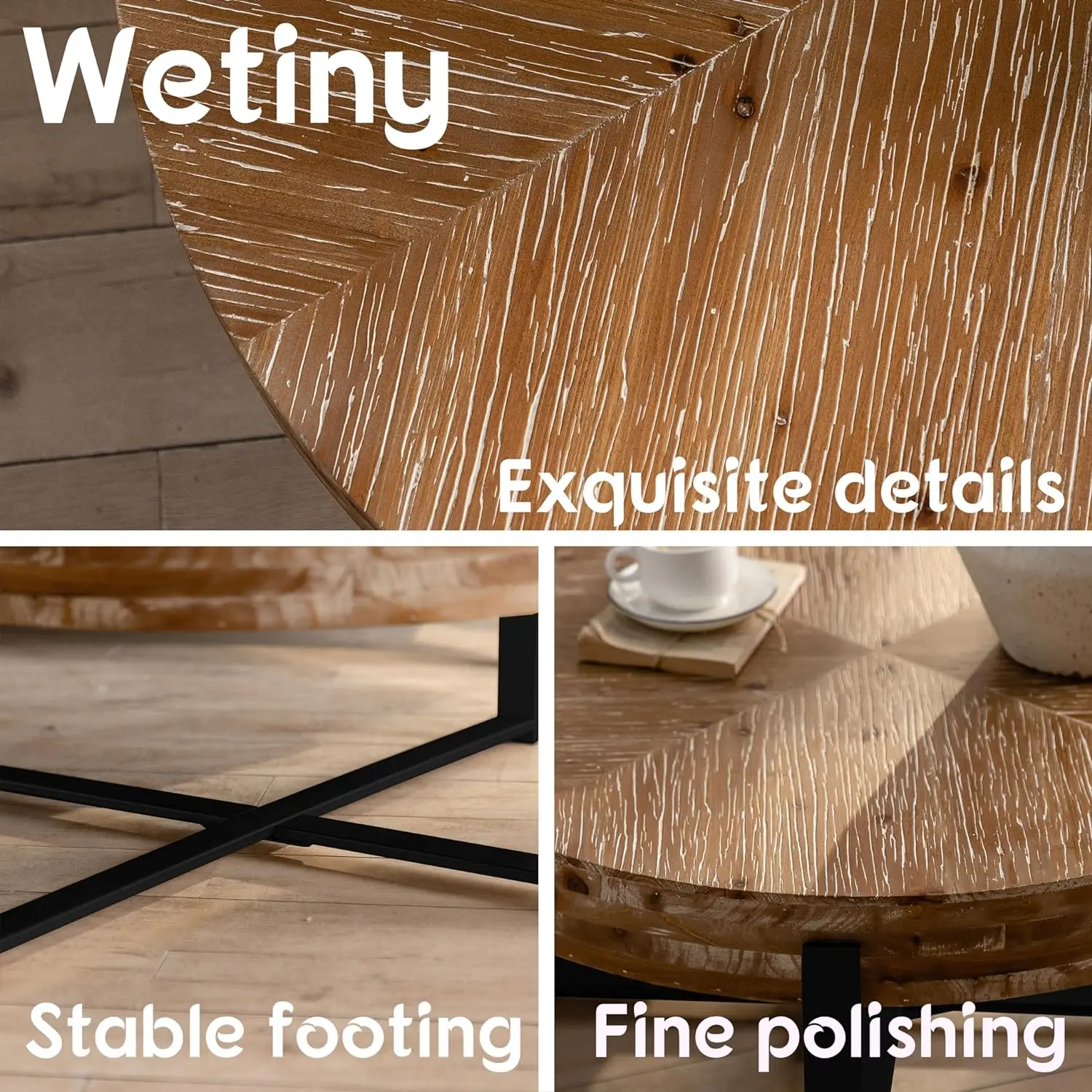 31.29" Modern Retro Splicing Round Coffee Table,Fir Wood Table Top with Black Cross Legs Base 4