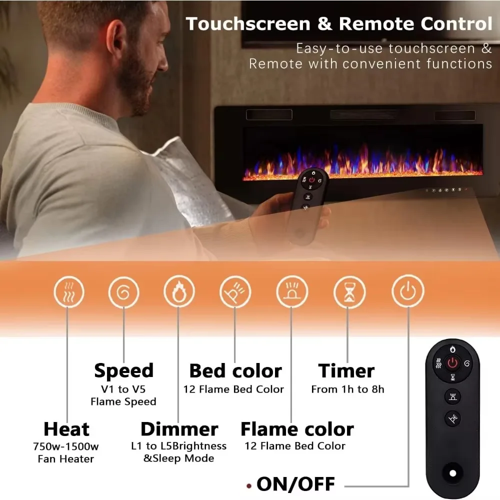 50 Inch Ultra-Thin Electric Fireplace, Multicolor Flame, Timer, Low Noise  Recessed and Wall Mounted Linear Fireplace Heater 4